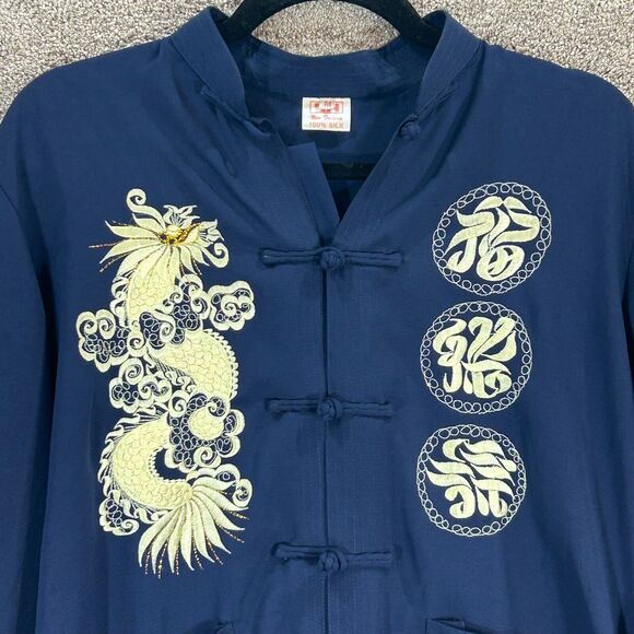 New Fashion Chinese Tang Jacket Shirt Mens Medium Blue Embroidered Silk Dragon - Picture 2 of 8